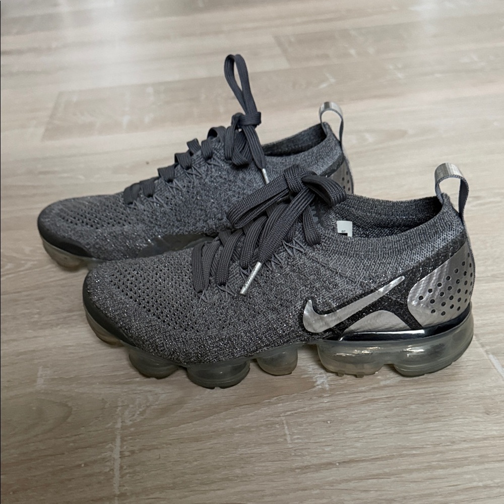 Nike VaporMax Flyknit Athletic Shoes - Dark Gray/Black With Silver Threading